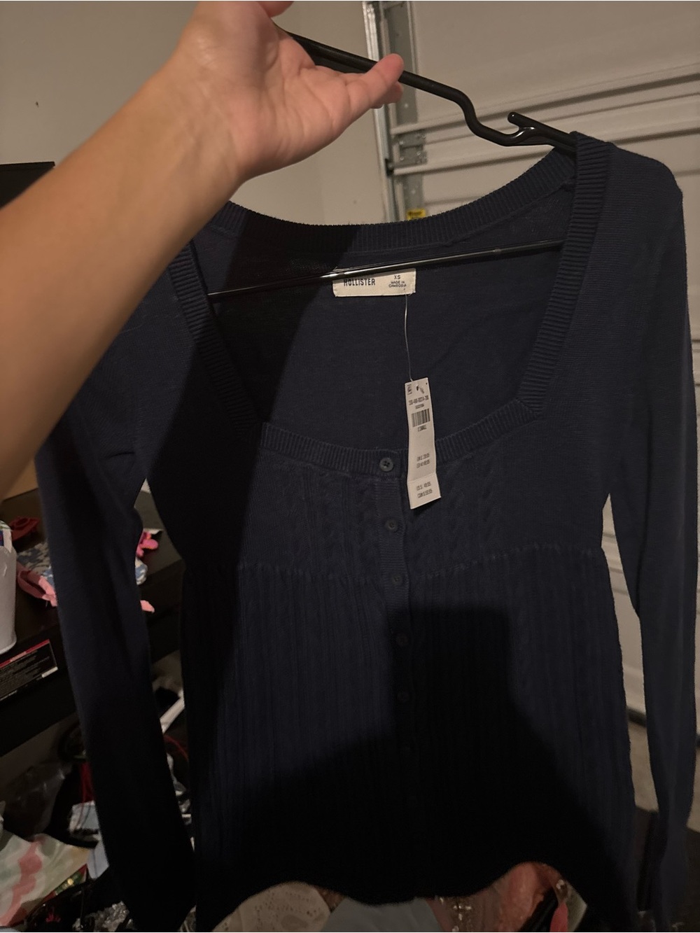 Hollister Navy Ribbed Button-Front Long Sleeve Top